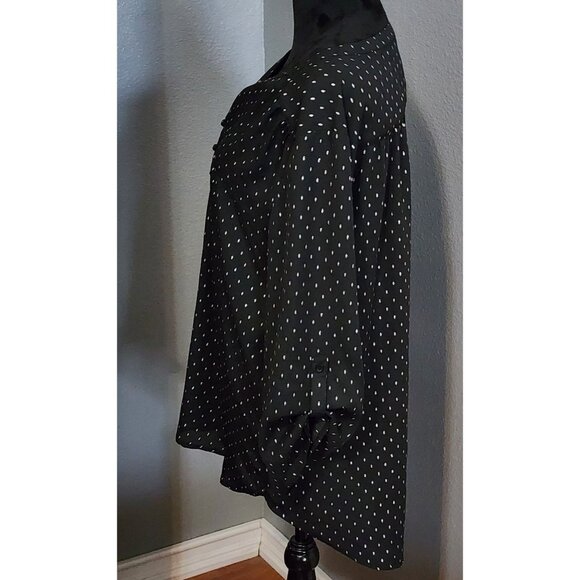 Faded Glory Blouse XL Black Polka Dots16/18 Roll Tab Sleeves Glitter Holiday - Picture 3 of 9